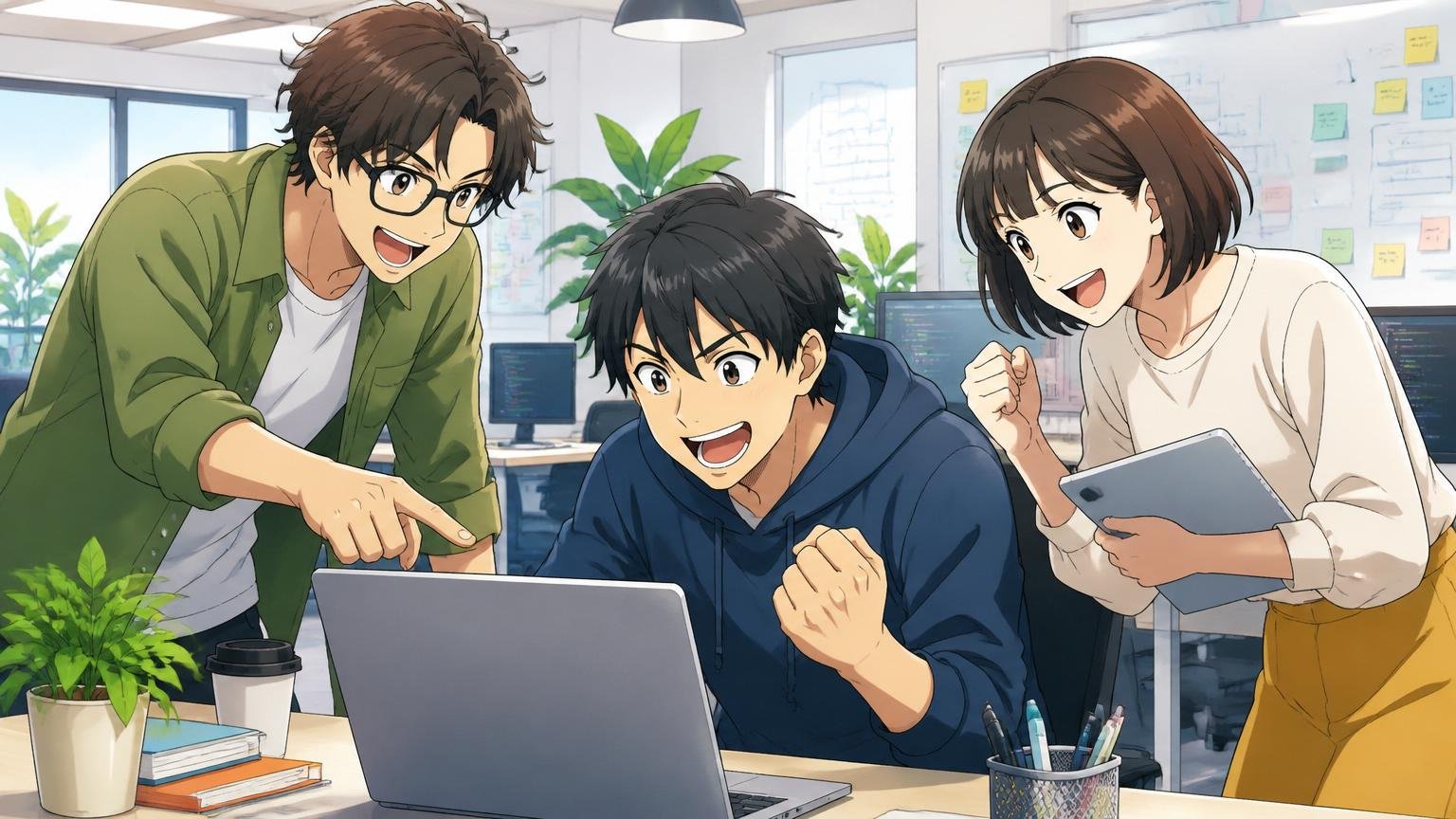 成長企業に向いているタイプのエンジニア Web系スタートアップのオフィスで前向きに働く20代男女3人