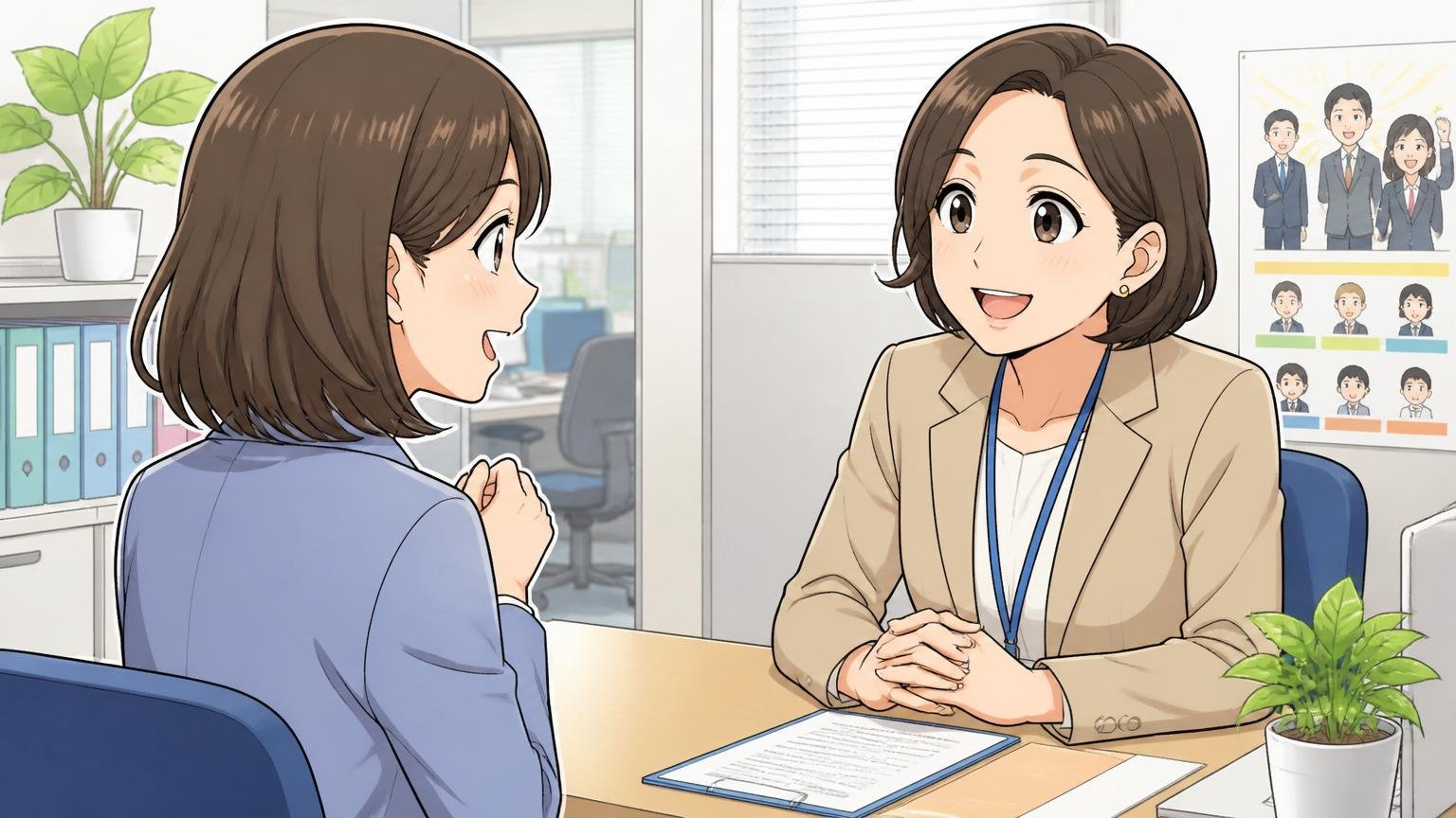 企業の人事部の窓口で異動希望を相談する30代女性社員と笑顔で対応する40代女性人事担当