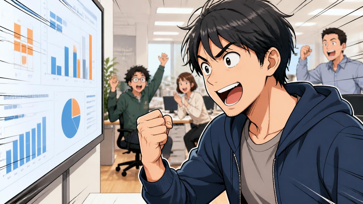 Web系企業のオフィスで成果ボードの数字を確認しガッツポーズする30代男性エンジニア