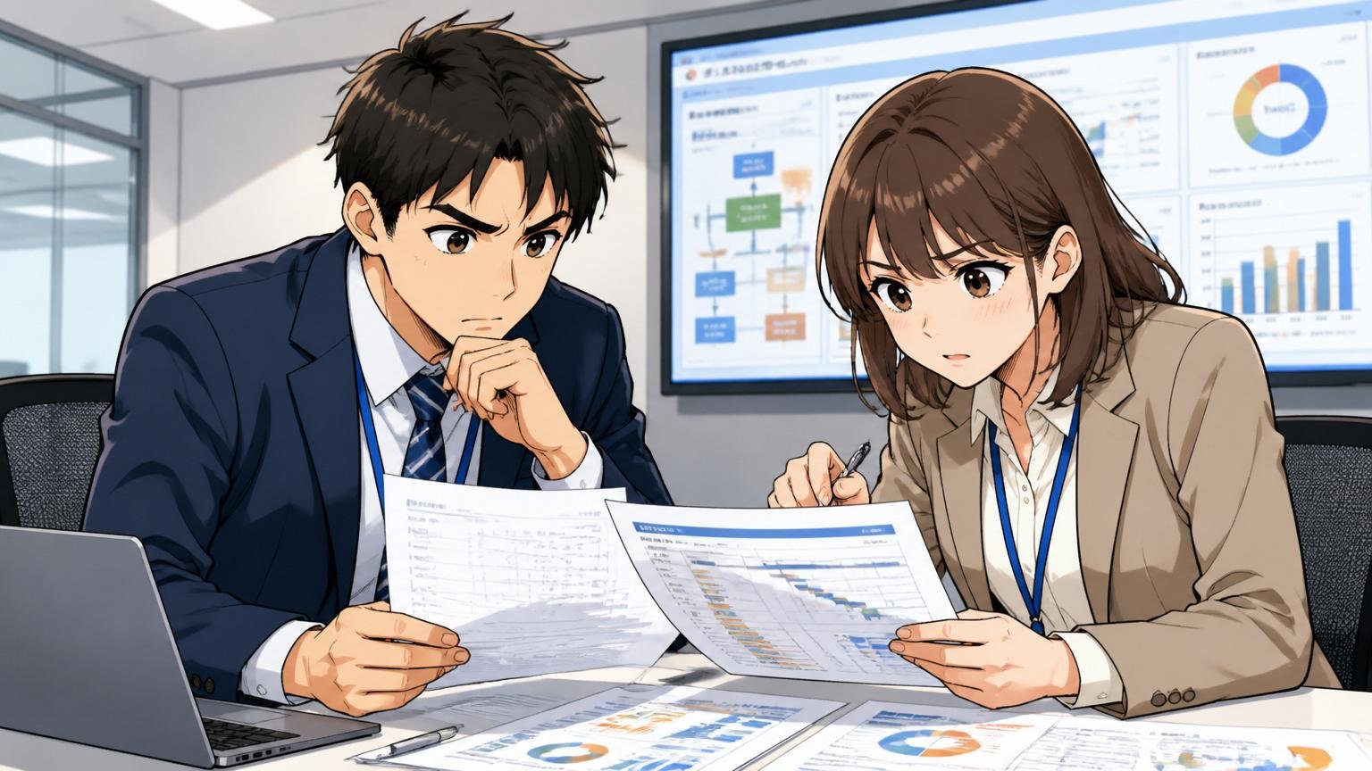 ERP領域でキャリアを積む若手 大手企業の会議室 男女2人が真剣な表情で資料を確認