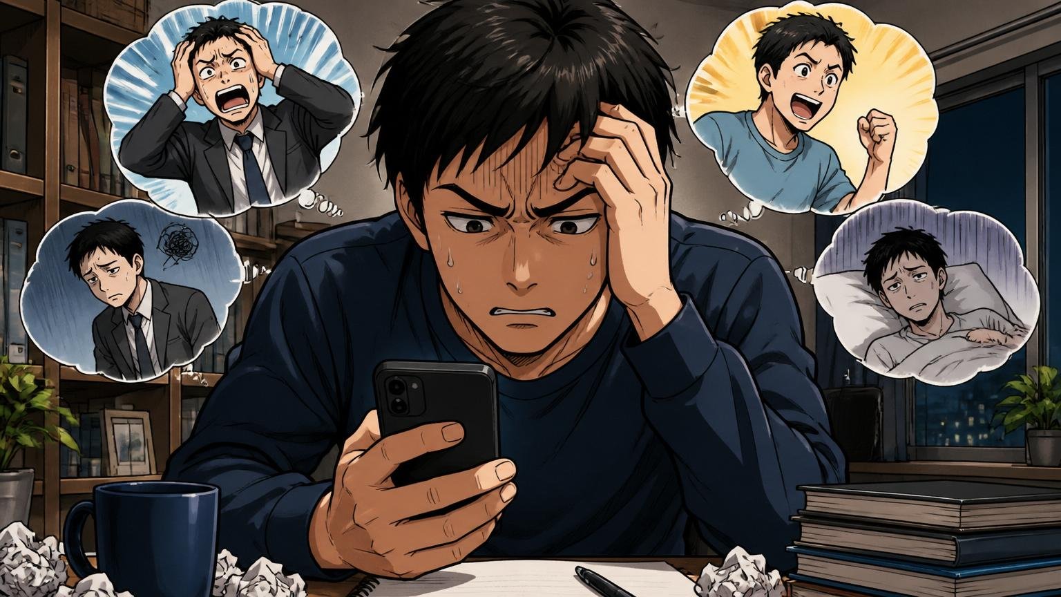 感情で辞める辞めないを決めると失敗する 深夜の自宅デスクで30代男性がスマホを握りしめ眉間にしわを寄せる
