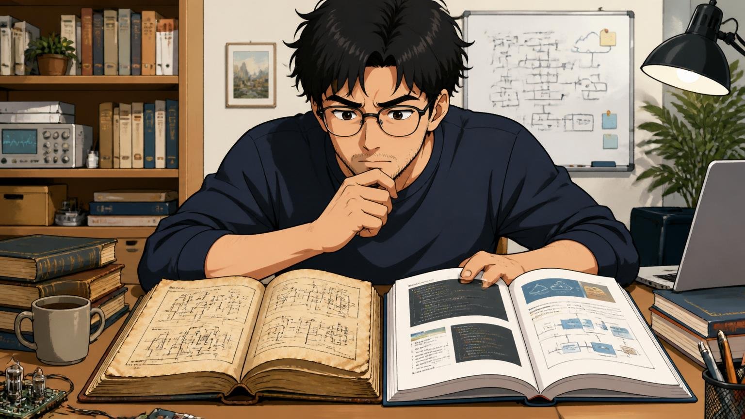 自宅の作業デスクで古い技術書とモダン技術の参考書を並べて静かに見比べながら考え込む30代エンジニア