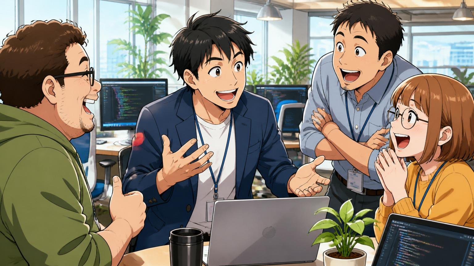 クラウド・SaaS系への転職で年収1.5倍も実現。外資クラウド企業の明るいオフィスで30代男性エンジニア1名が新しい同僚3名と笑顔で会話する場面