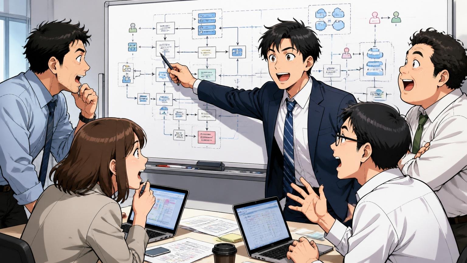 SIerの会議室で大規模プロジェクトの図を見ながら充実した表情で打ち合わせする30代男性, 上流工程の場面