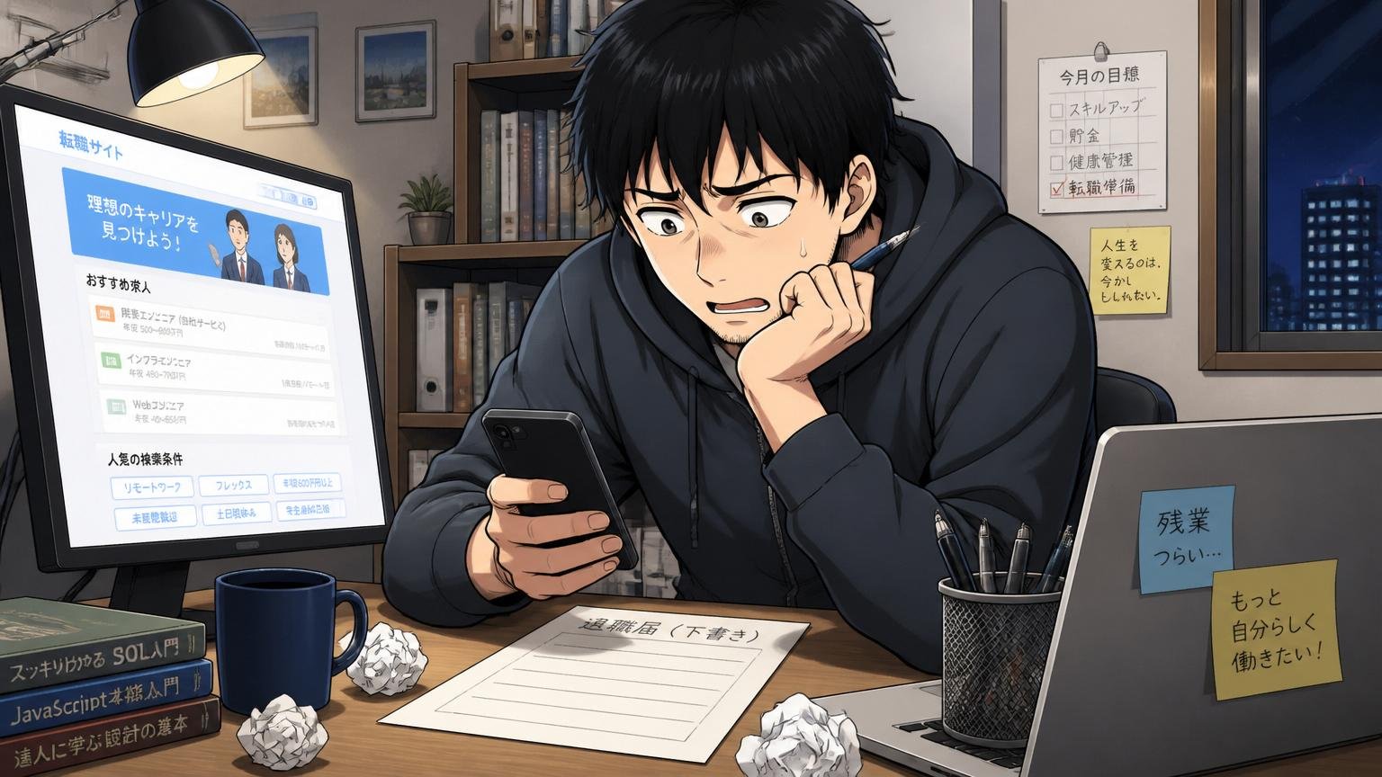 自宅のデスクで深夜に転職サイトを眺めながら退職届の下書きを前にする30代男性エンジニア1名の場面