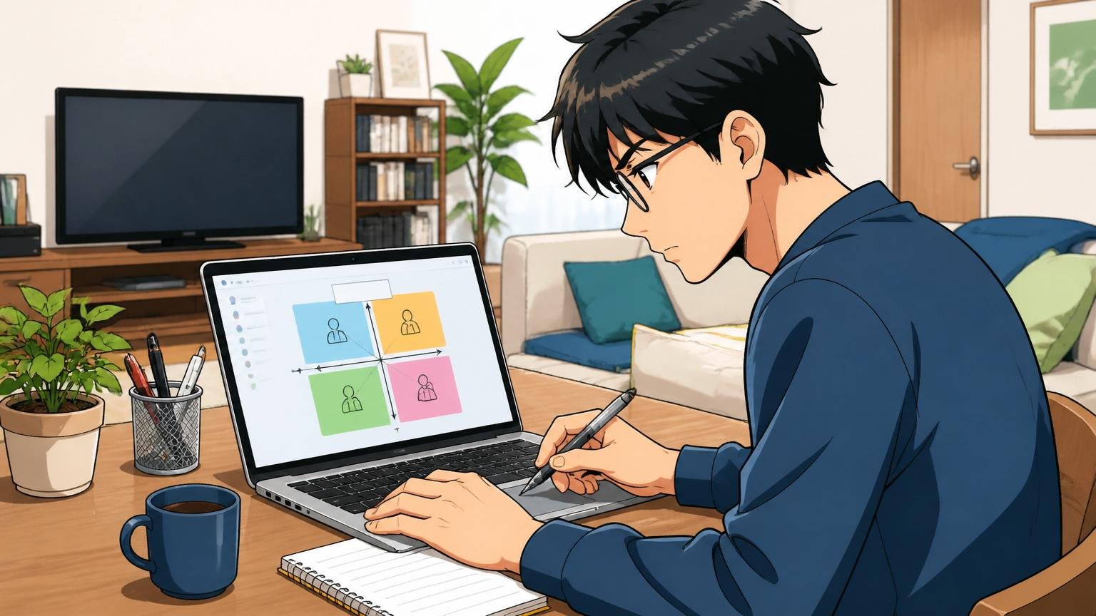 自宅のリビングでノートPCに自己診断マトリクスを開いて自分のタイプを書き込む30代エンジニアが集中する横顔
