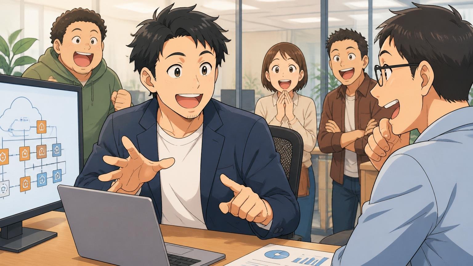 向いている人（AWS特化×受託・伴走）。Web系IT企業のオフィスで30代男性エンジニアがクライアントの相談に笑顔で応える