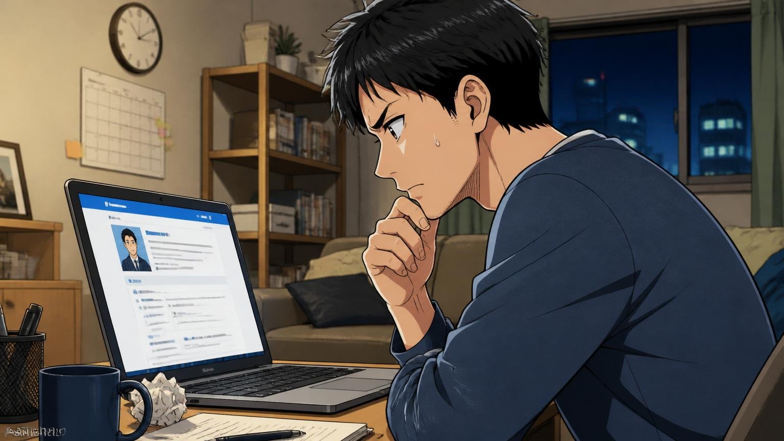 自宅のリビングで深夜に転職サイトのプロフィール画面と向き合う30代エンジニアの真剣な横顔