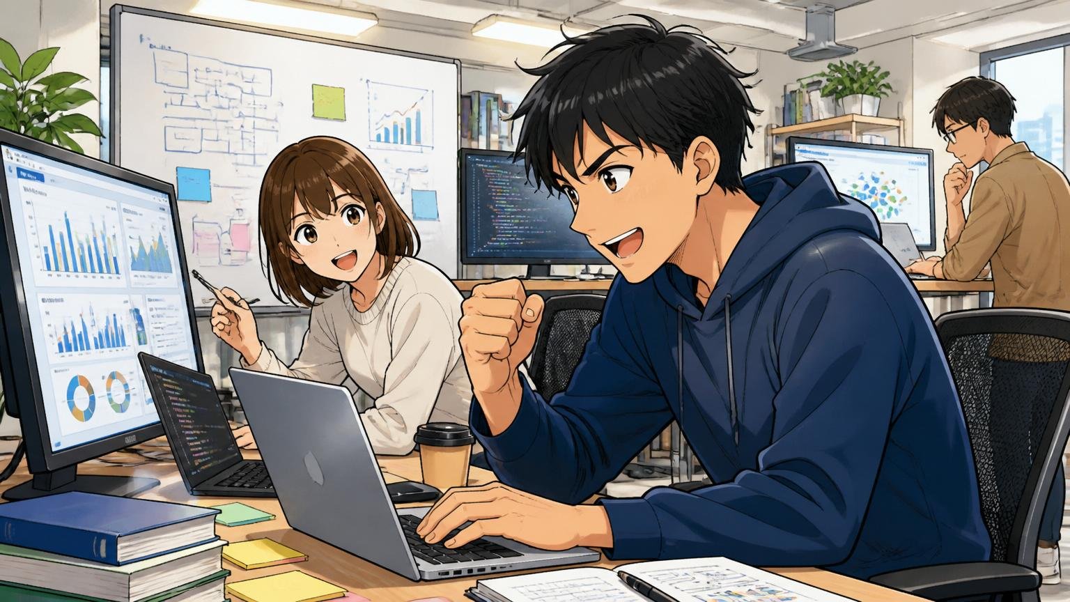 データアナリティクスラボに向いているエンジニア。Web系スタートアップのオフィス。男性1人女性1人。意欲的な様子で業務に取り組む表情