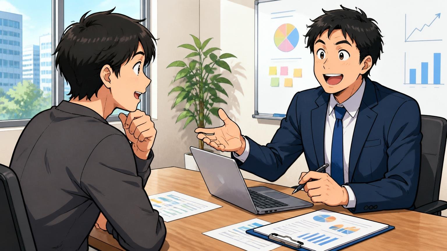 企業の会議室で無料相談を受ける30代エンジニア1人とITエージェント1人