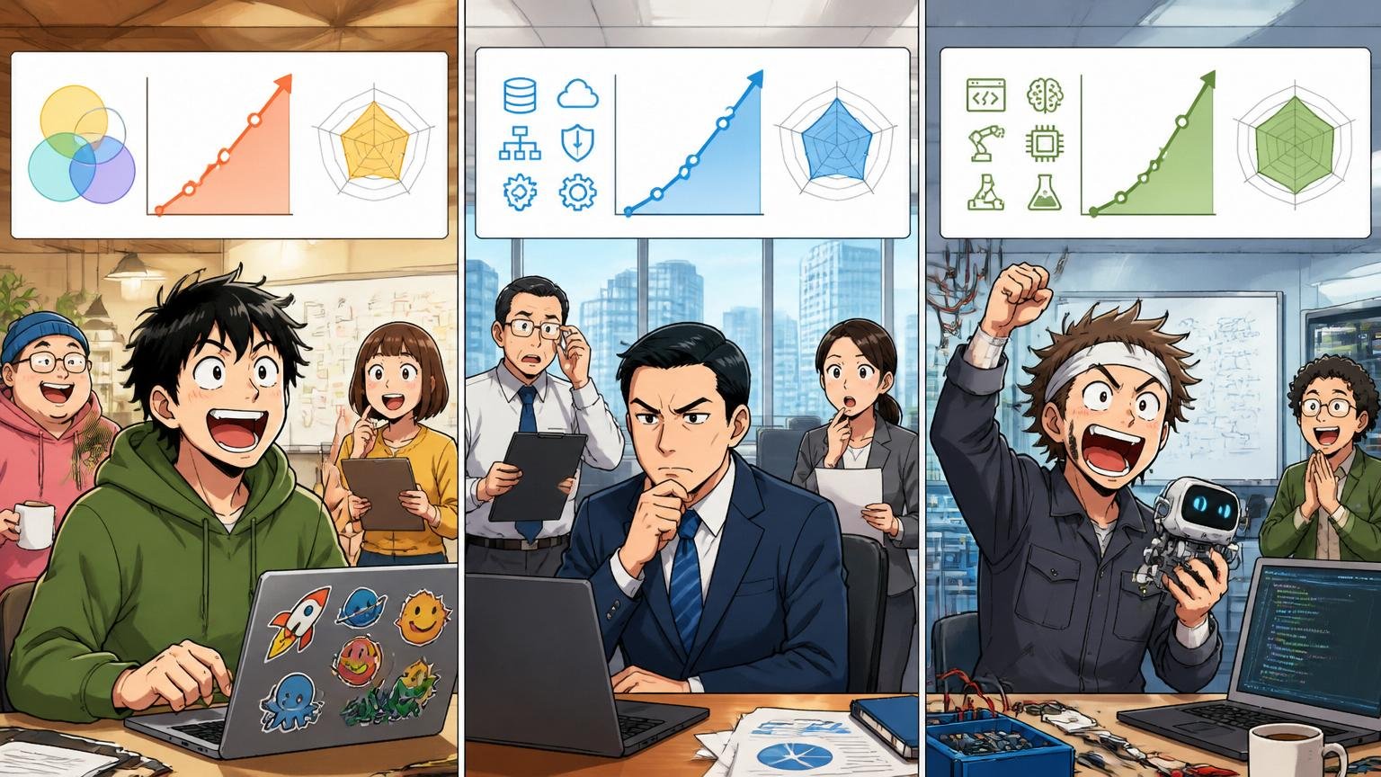 技術スタック・年収カーブ・評価軸の違い。3つの異なる業態のオフィスを並べて比較するインフォグラフィック風シーン