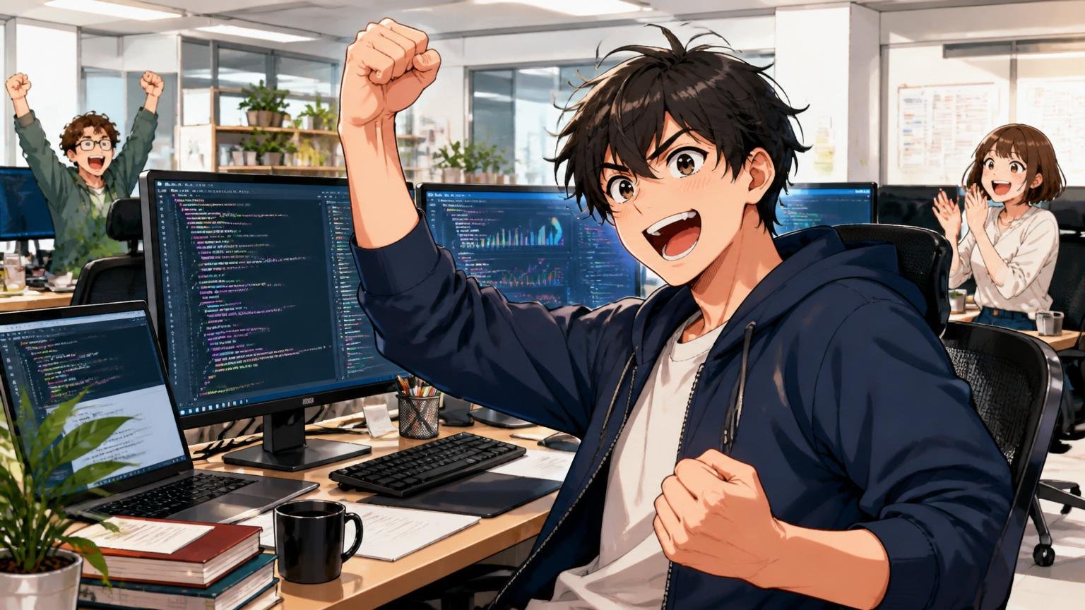 自走してプロジェクトを推進する若手エンジニア。Web系スタートアップのオフィス、20代男性1人が複数モニター前でガッツポーズ