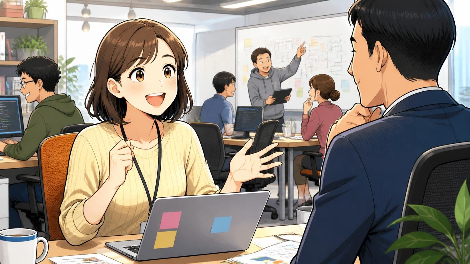 Web系スタートアップのオフィスで転職エージェントに笑顔で相談する30代女性エンジニア