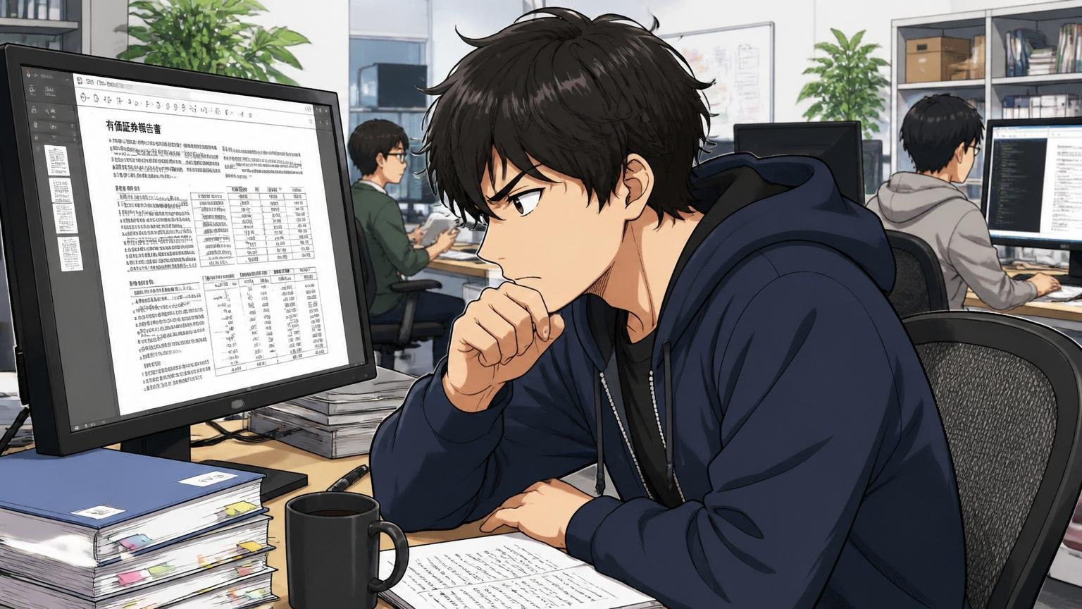 Web系IT企業のオフィスで有価証券報告書のPDFを丹念に読み込む30代エンジニア1人
