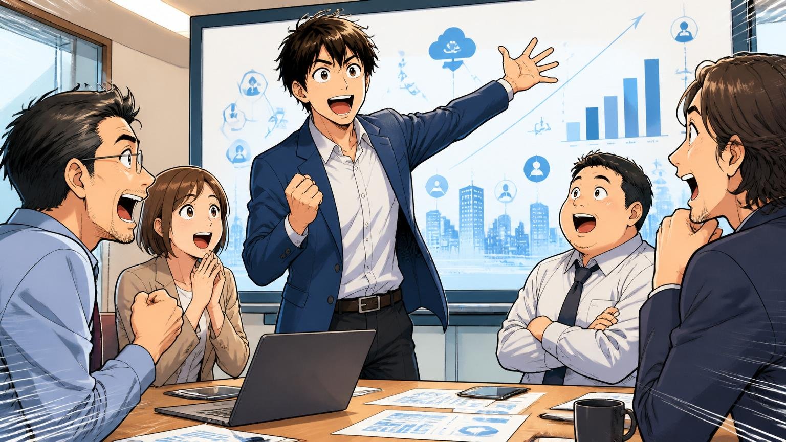 企業の会議室でDX案件にやりがいを見出す中堅エンジニアが目を輝かせて発表をしている様子