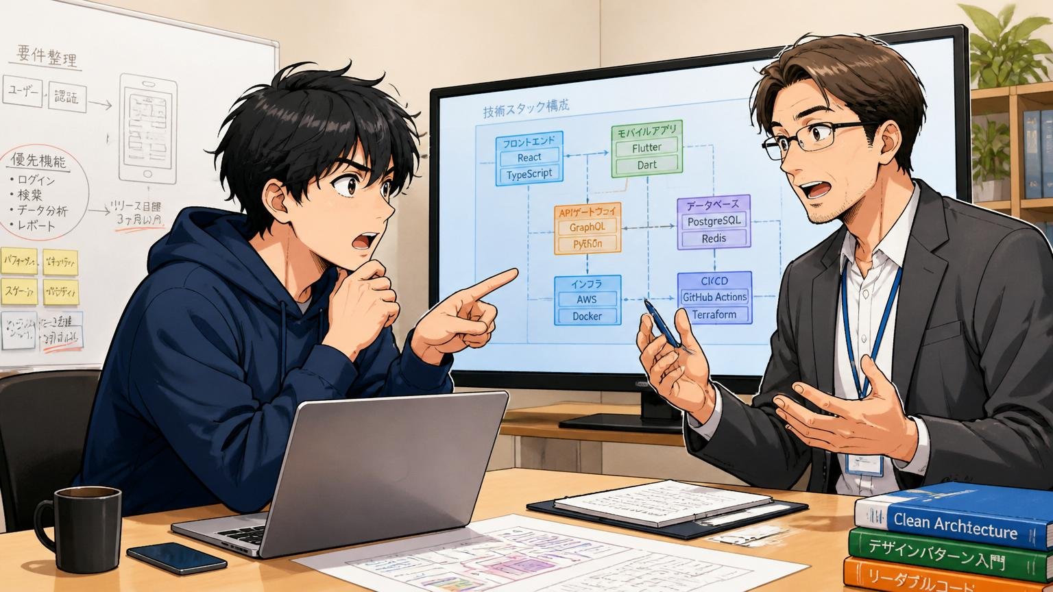 IT特化型転職エージェントの会議室でエンジニアと専門アドバイザーが技術スタックの話を真剣に交わす2人