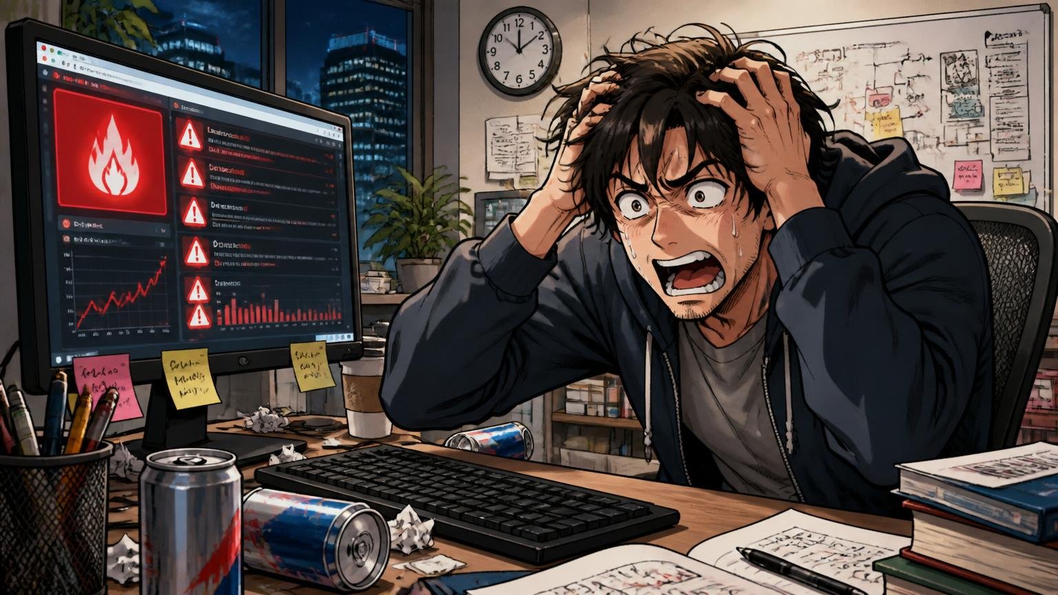 Web系スタートアップのオフィスで深夜まで残業しながら頭を抱える30代エンジニア1人、画面には炎上したプロジェクトの通知