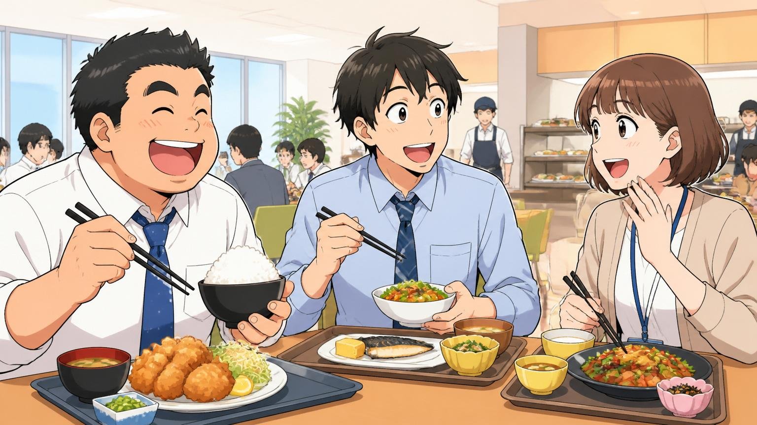 企業のオフィスの社員食堂で同僚3人が和やかに昼食をとりながら笑顔で会話している様子