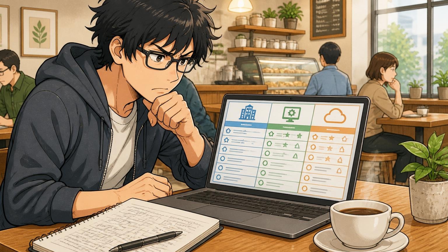 中途検討中のエンジニアの比較作業|カフェのテーブルでノートPCに3社の比較表を作成する転職検討中の30代エンジニア