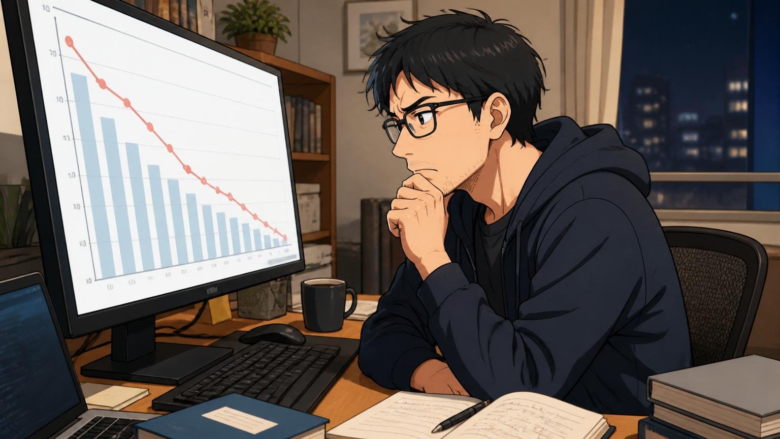 自宅のデスクで手取り給与の推移グラフを見つめながら考え込む30代エンジニアの夜の自然光のシーン