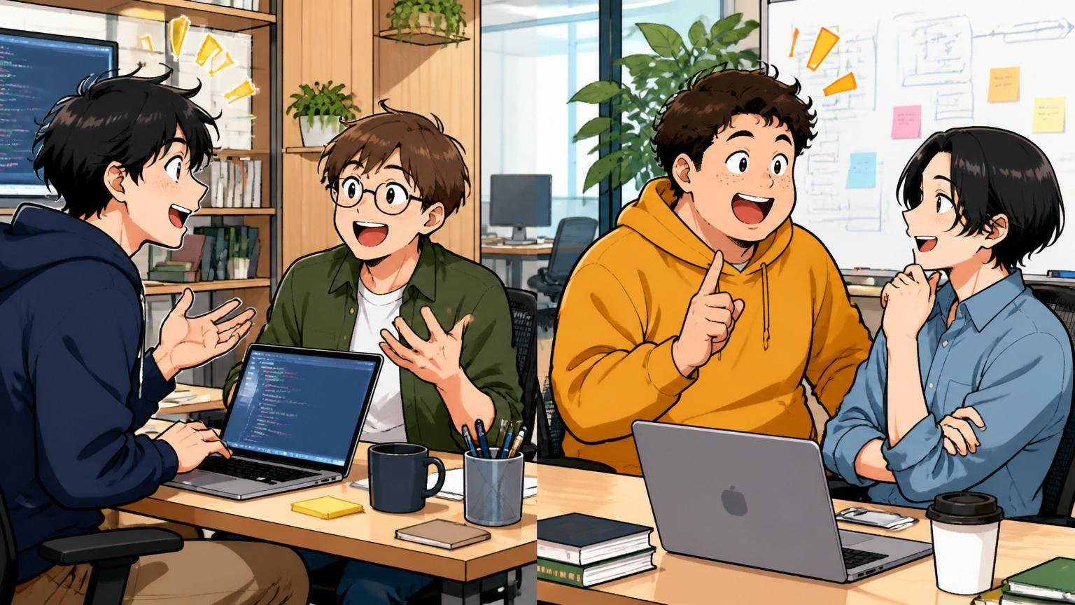 Web系スタートアップのオフィスで4人のエンジニアが2人ずつ別の表情でキャリアを語り合う