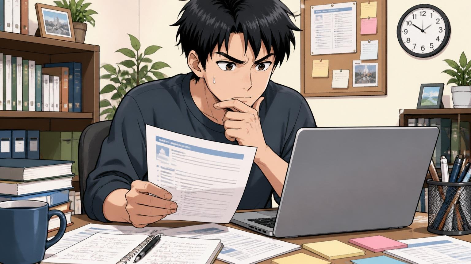 職務経歴書を書き直すエンジニア、自宅のデスクで紙とPCを行き来しながらじっくり考える30代男性1人