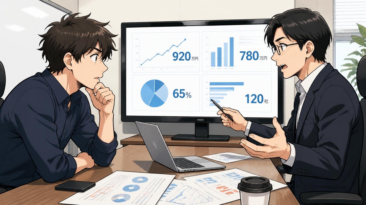 企業の会議室で30代エンジニアと現役エンジニア出身のキャリアアドバイザーが向き合い、市場価値の数字を見せながら冷静に説明されている