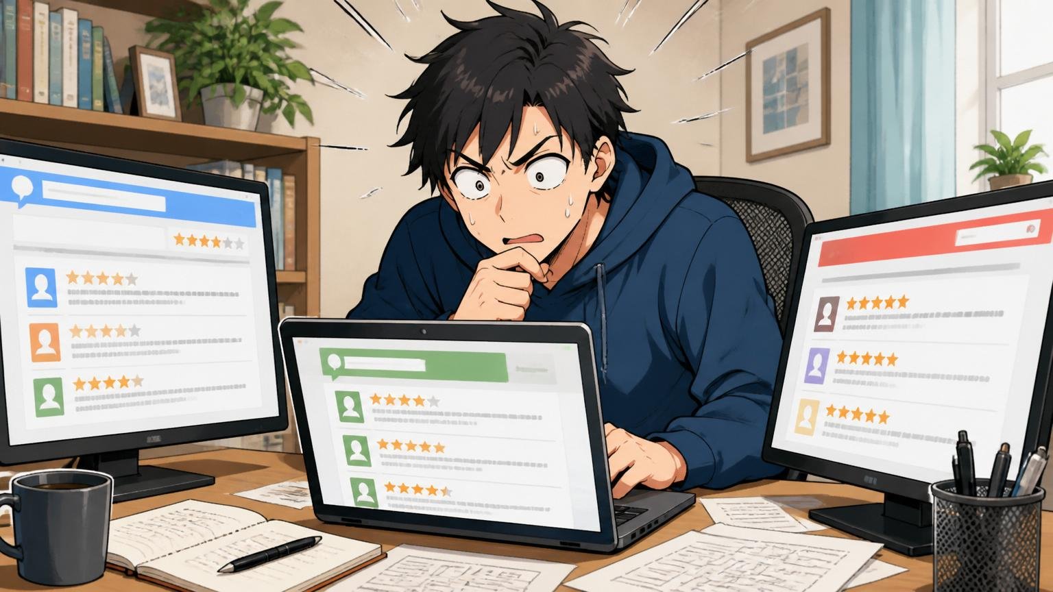 自宅のデスクで複数の口コミサイトを比較しているエンジニア1人