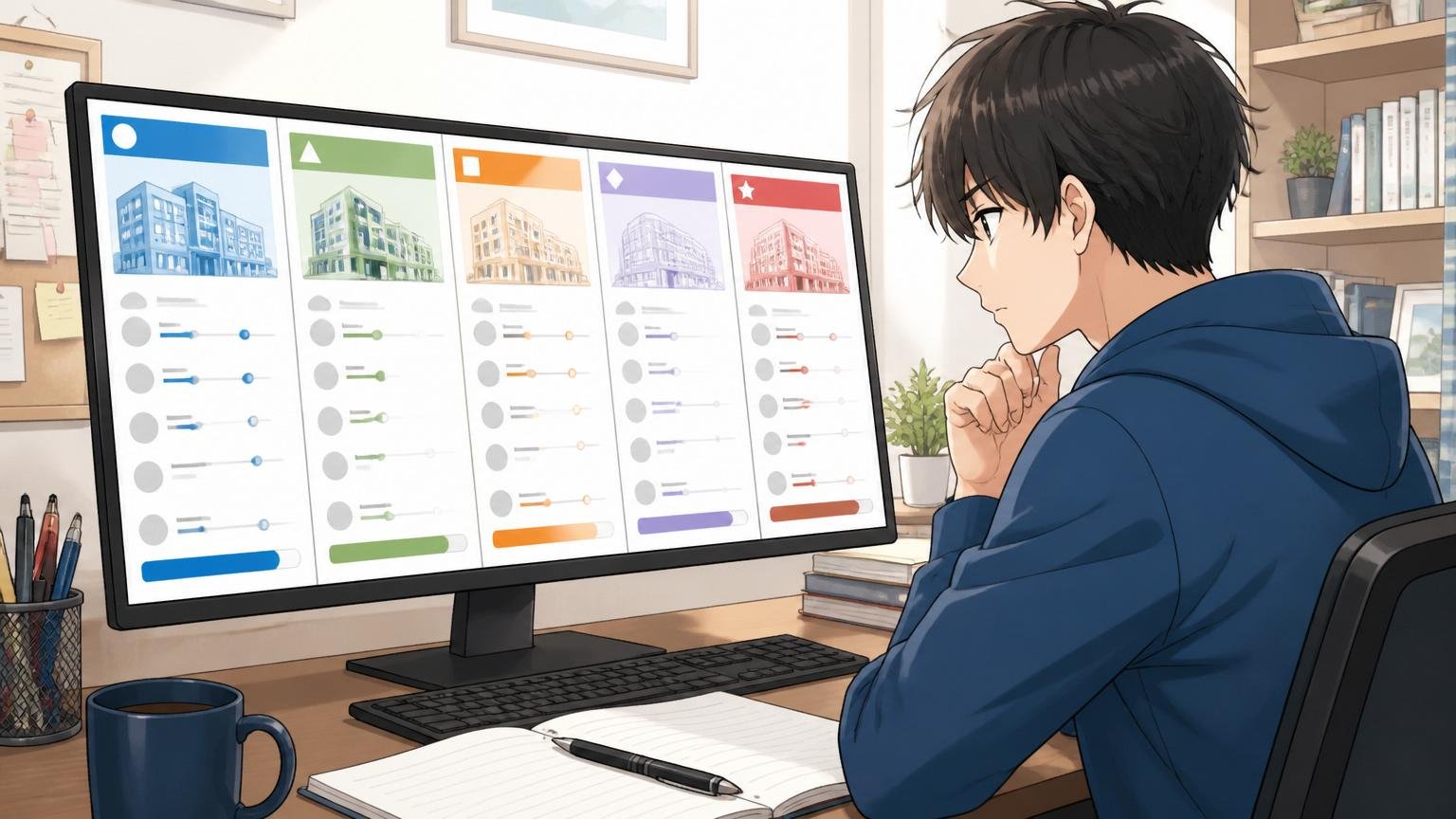 自宅のデスクで複数の企業の選考状況をPC画面で並べて比較する求職者1人、冷静な表情