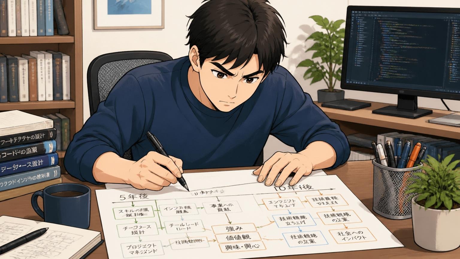 自宅のデスクで5年後・10年後のキャリアシナリオを紙に書き出すエンジニアが真剣な表情をする