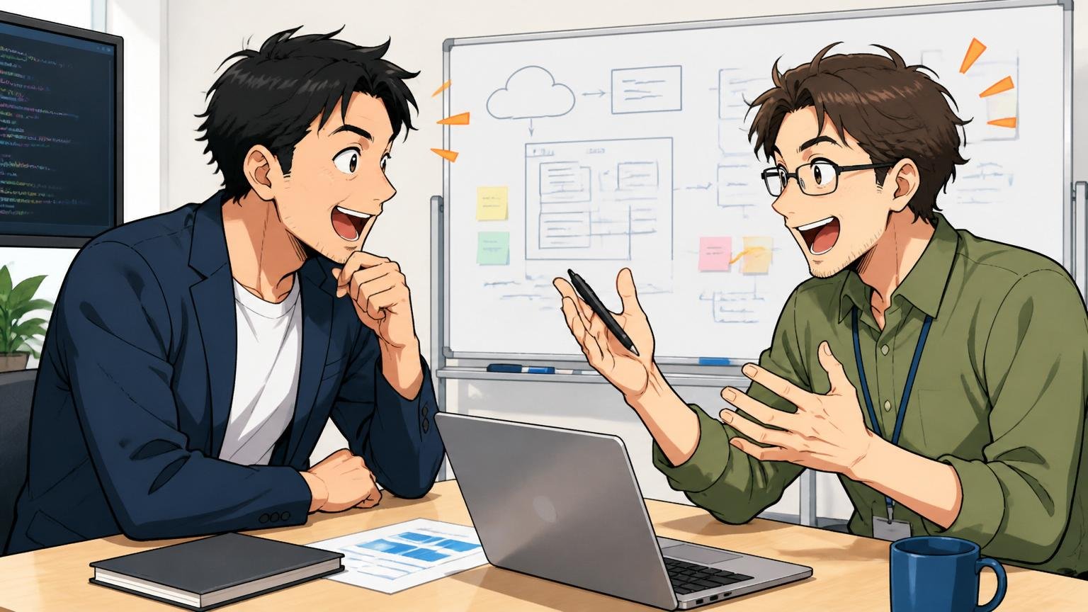 IT特化型エージェントの強み、企業の会議室でエンジニア出身のキャリアアドバイザーと面談する30代男性、技術の話で盛り上がる