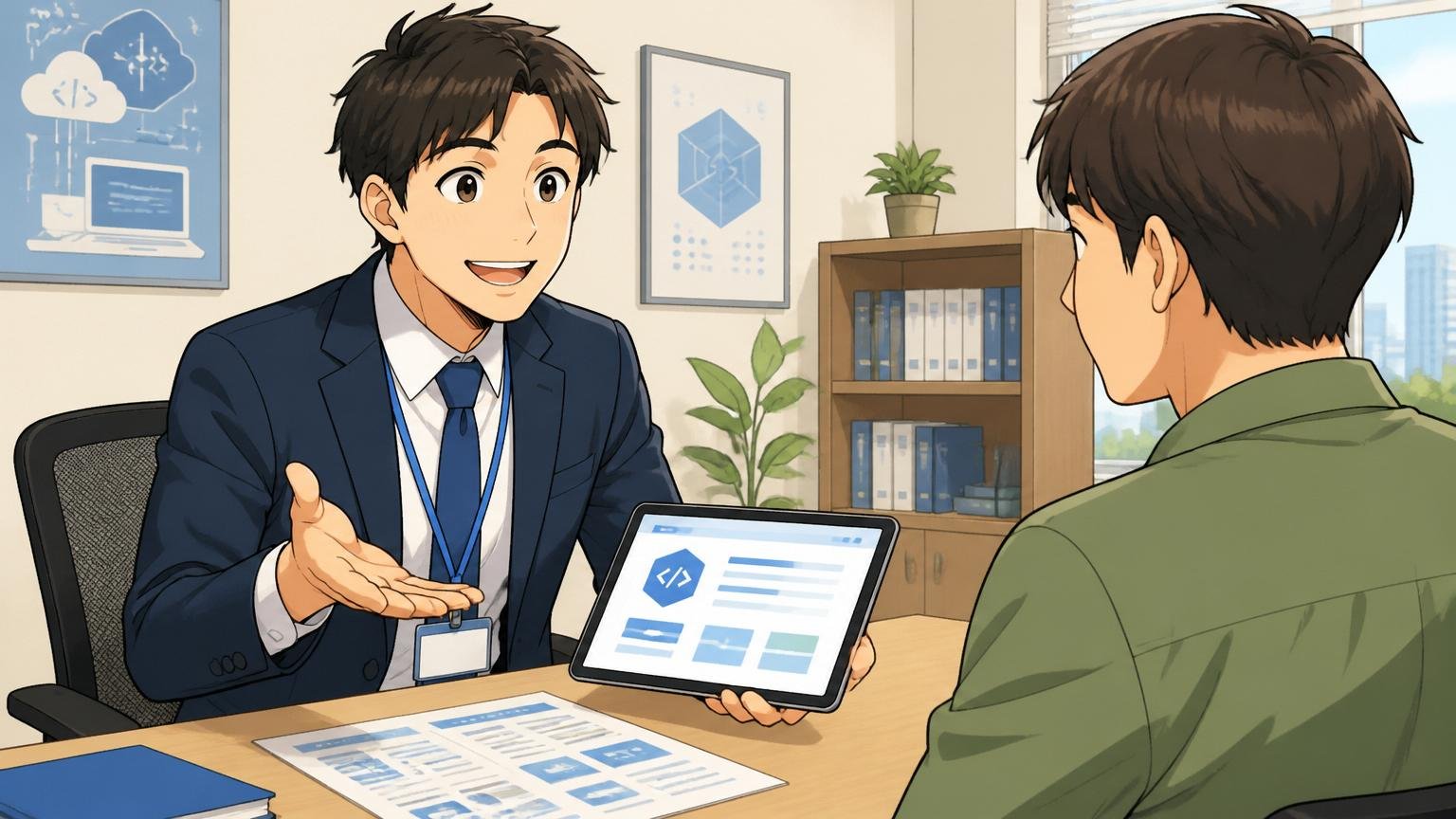 IT特化型エージェントとの面談シーン。エージェントオフィスで男性のキャリアコンサルタントが男性求職者に丁寧に説明する表情