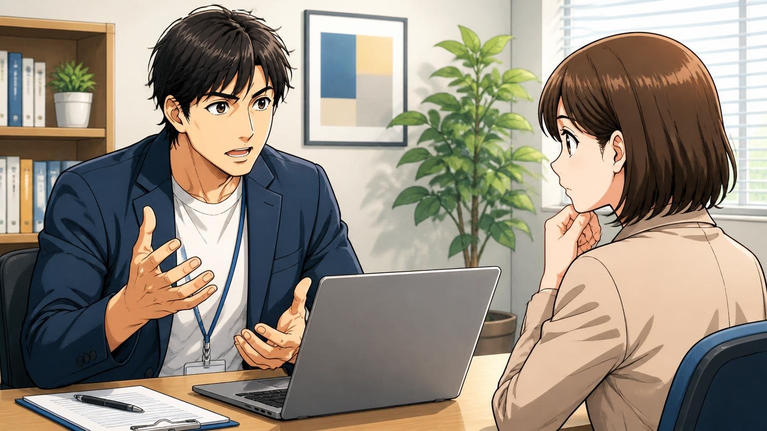 エンジニア出身のキャリアアドバイザーと相談する求職者/転職エージェントの相談室/30代男女2人/PCを挟んで真剣に会話する