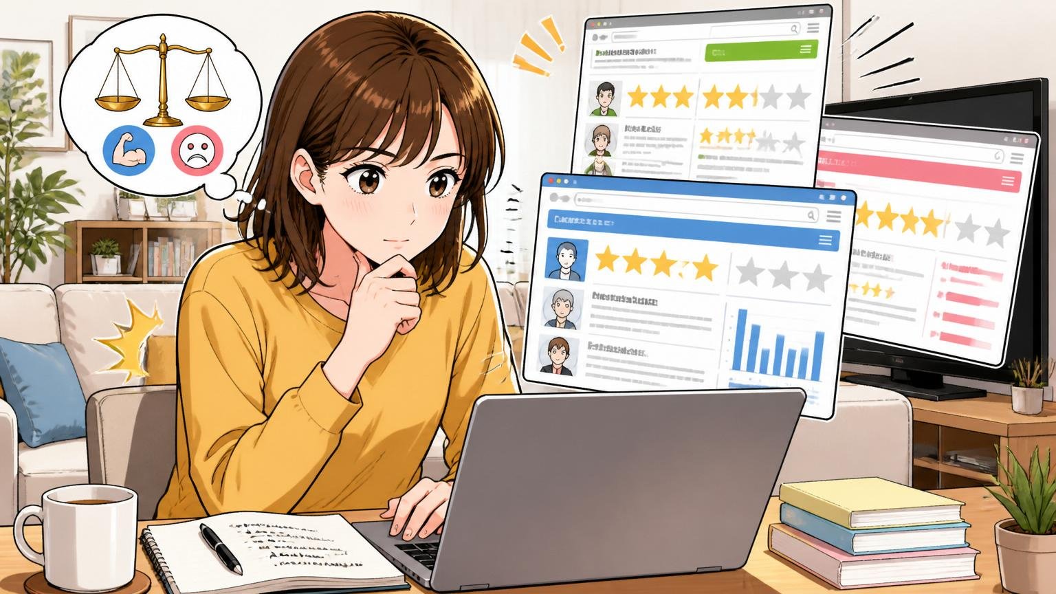 ステップ②IJDSの強み・弱みと自分の軸を照らし合わせる／自宅のリビング／30代女性エンジニア1人／PCで複数の口コミサイトを比較確認