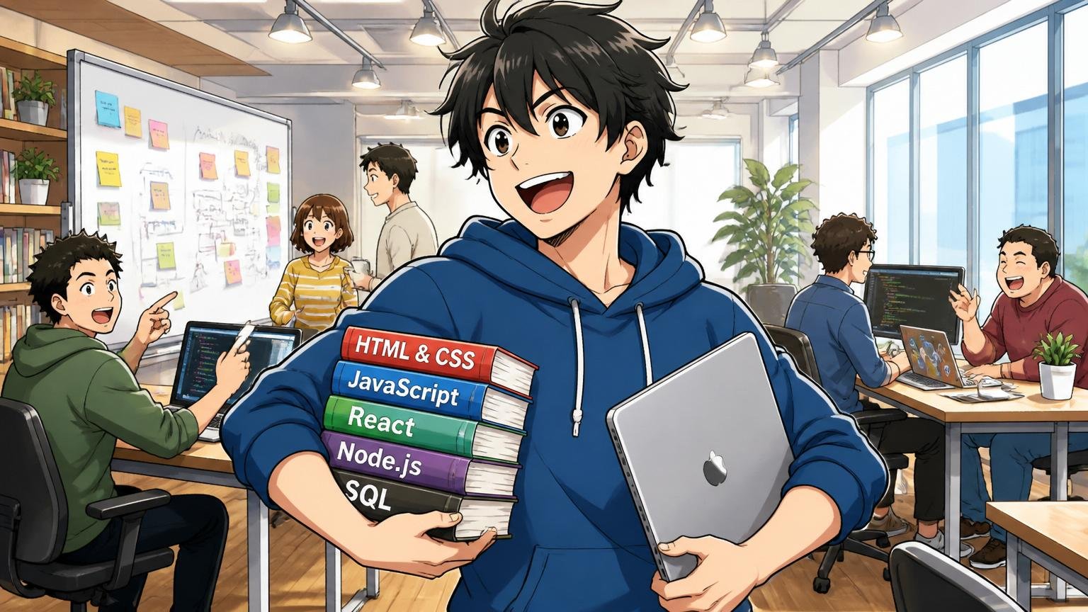 モダン技術の本を抱える若手エンジニアのWeb系スタートアップのオフィス、20代男性1人、ノートPCを抱えてエネルギッシュ