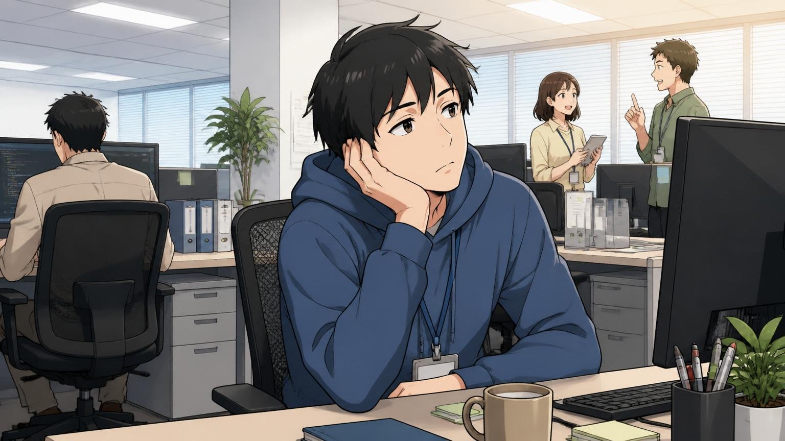 Web系企業のオフィスで指示を待ちながらやることなく座っている20代後半男性社員