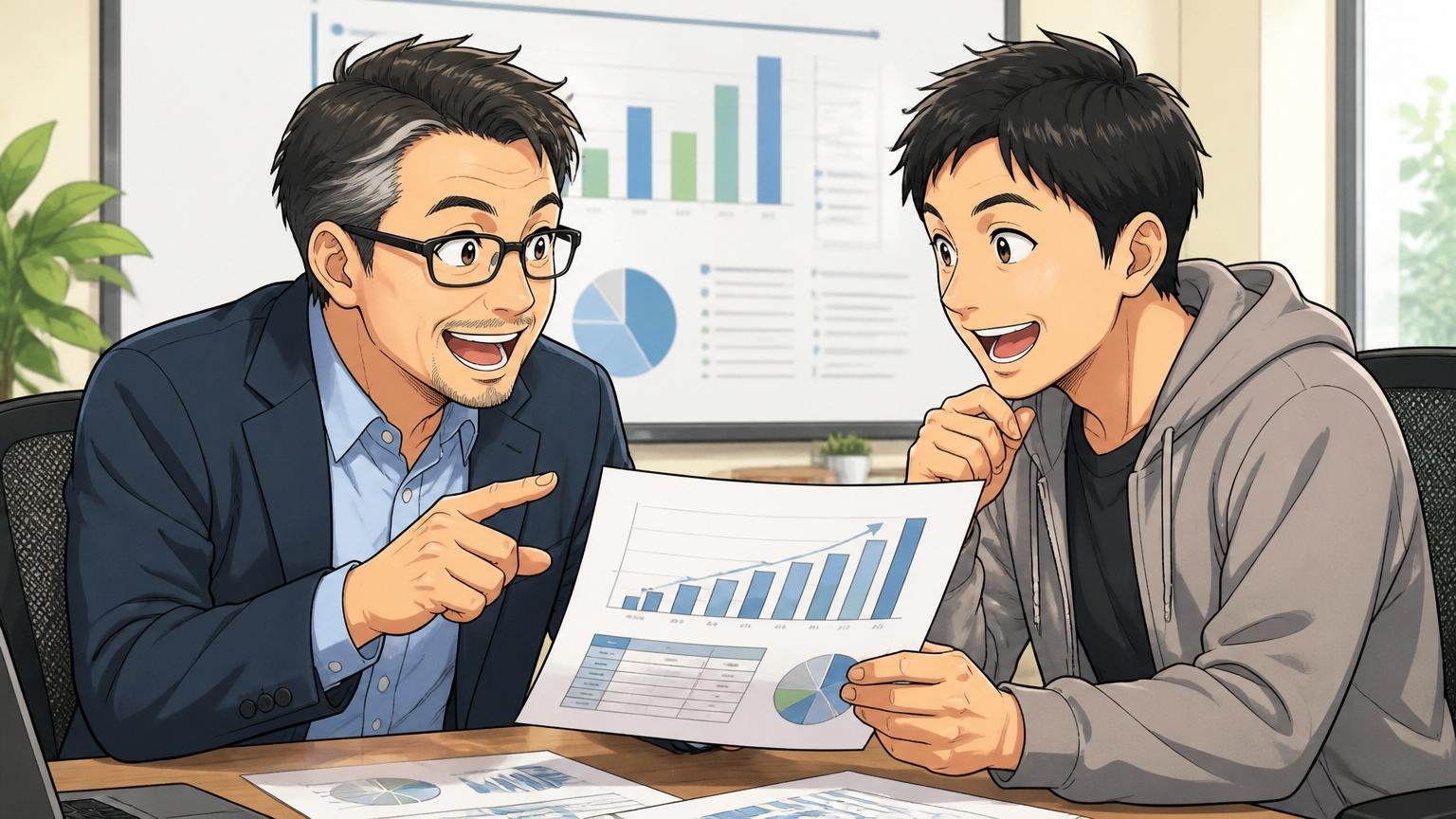 Web系企業の会議室で40代男性アドバイザーと30代男性エンジニアが資料を見ながら年収レンジについて笑顔で話し合っている