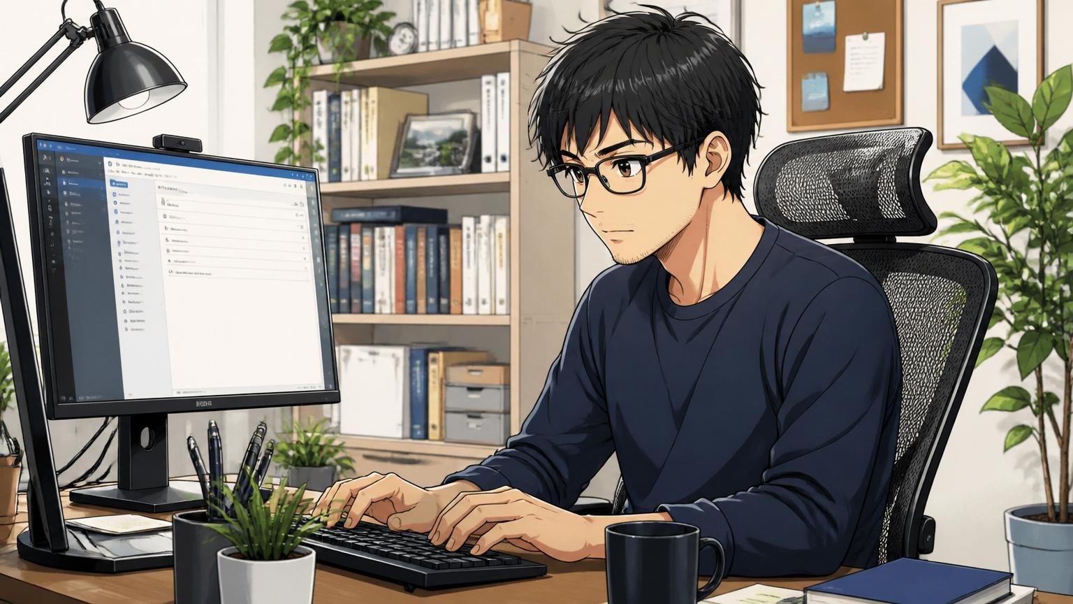 自宅のデスクで30代エンジニアが落ち着いた表情でメール作成画面に向かっている