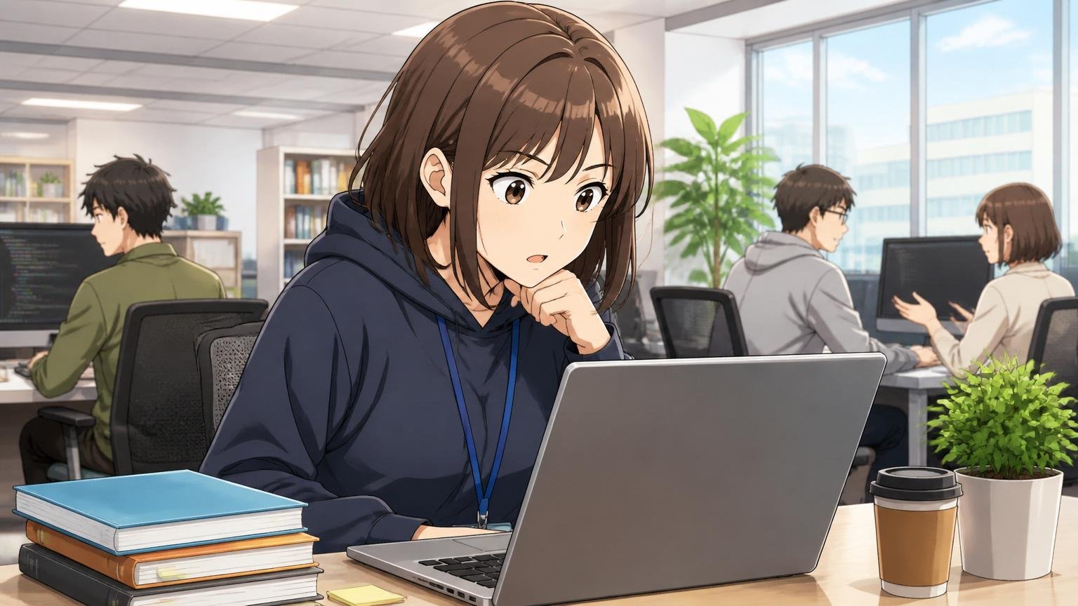 ステップ3：公式採用ページで配属候補ポジションを確認。Web系企業のオフィスで女性エンジニア1名がノートPCで採用ページのジョブディスクリプションを精読している様子