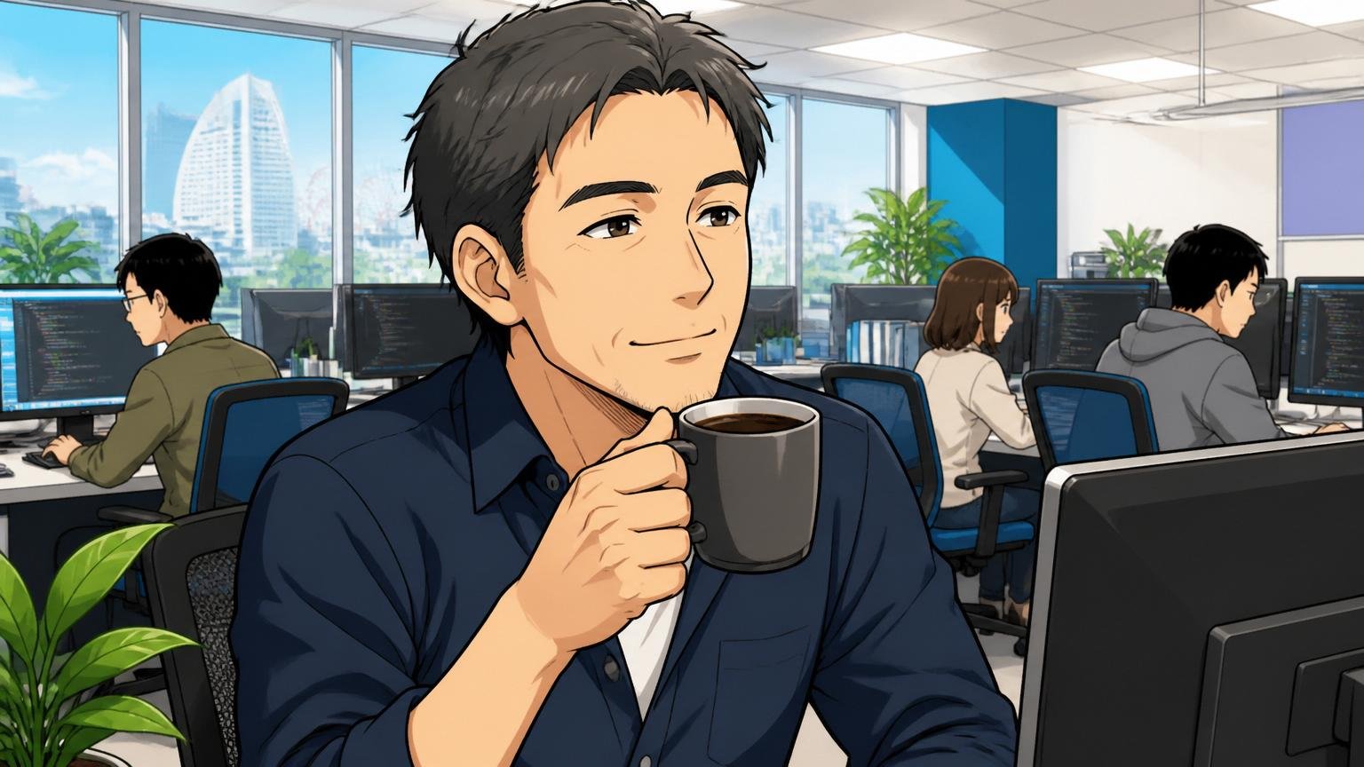 横浜のIT企業オフィスで穏やかな表情でコーヒーを飲む40代男性安定志向エンジニア1人