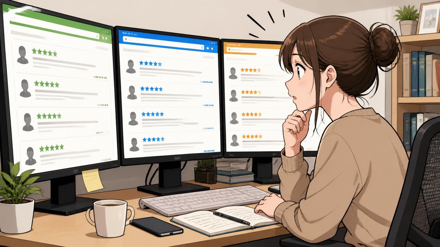 他社SIerの口コミを横並びで読む／自宅のデスクで複数の口コミサイトをモニターで比較する20代後半エンジニア女性1人