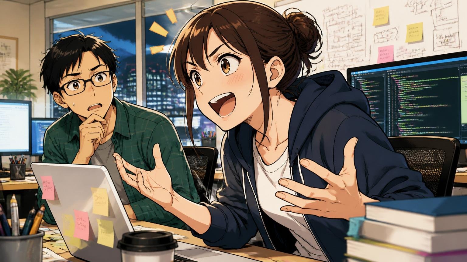 Web系スタートアップのオフィスで深夜まで残業しながらも目を輝かせミッションを語り続ける30代女性エンジニアと心配そうに見守る同僚