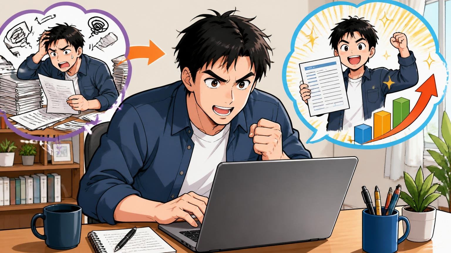 ステップ2：職務経歴書を「業務内容」から「課題解決ストーリー」へ書き換える。自宅のデスクでノートPCに職務経歴書を書く中堅SE1名