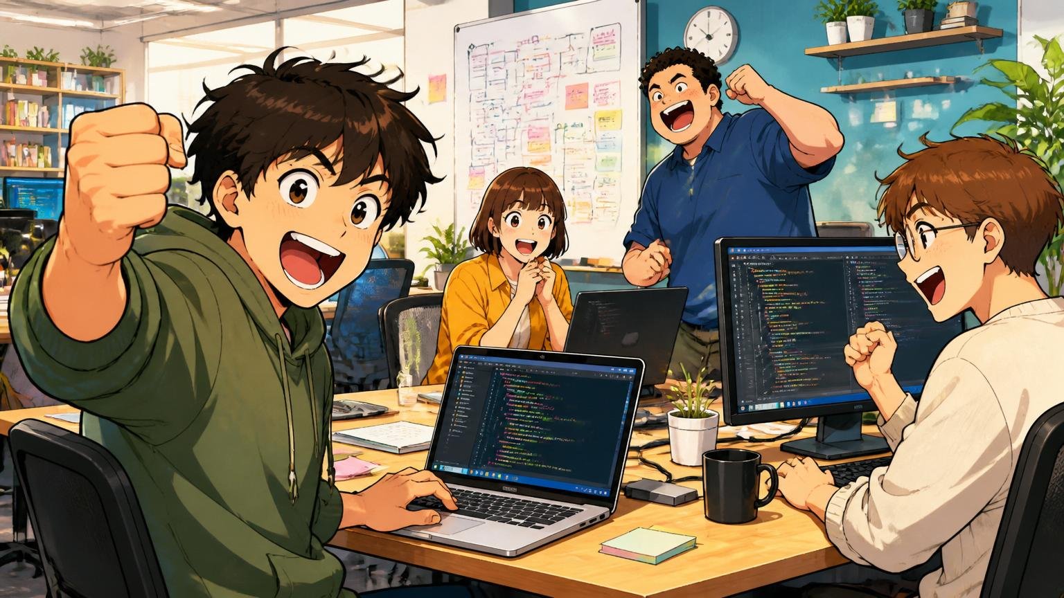 Web系スタートアップのオープンスペースでモダン技術スタックを使いこなす若手エンジニアたちの活気あふれる開発風景