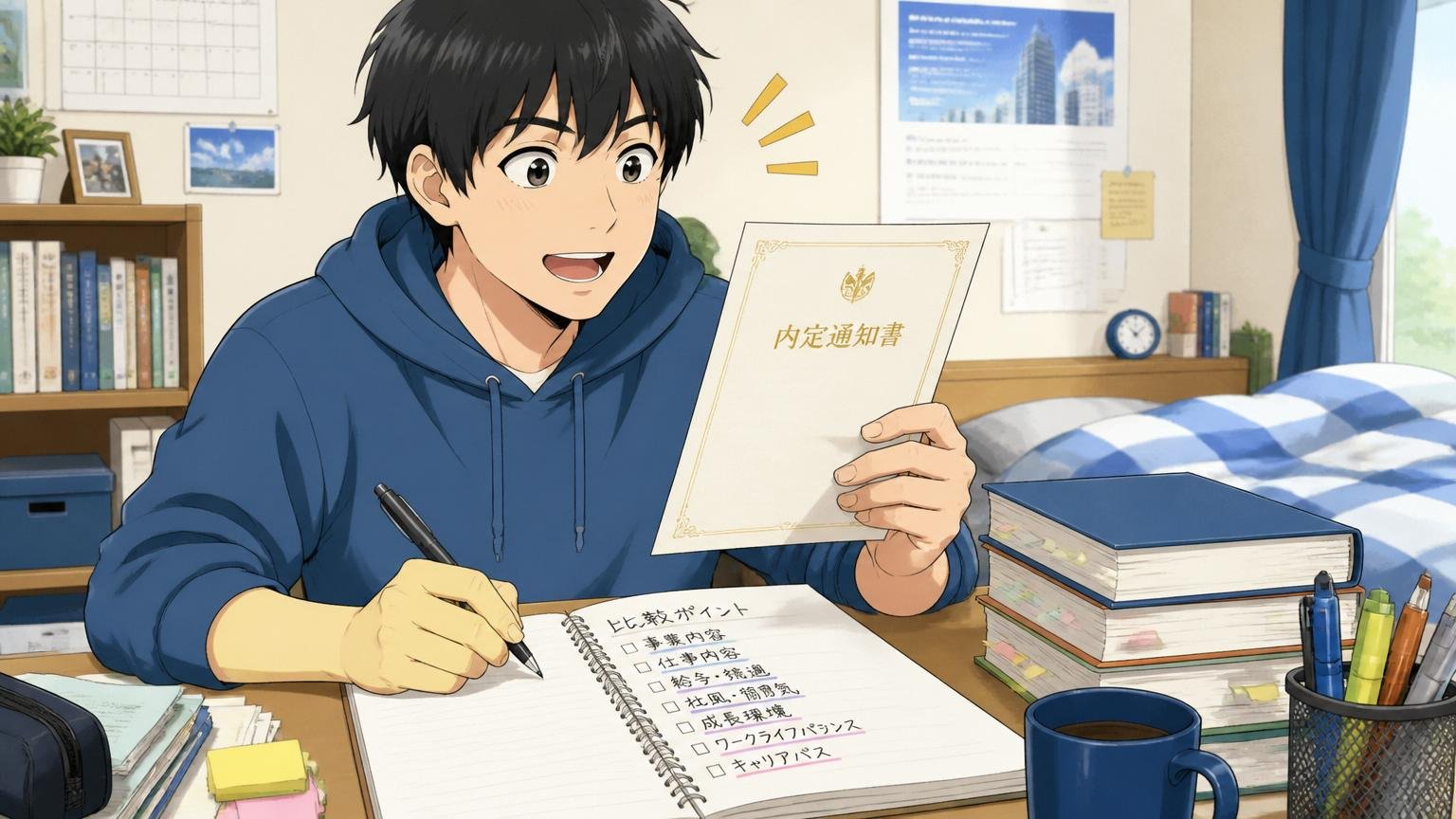 自宅のデスクで内定通知書を片手に大学生がノートに比較ポイントを書き出している