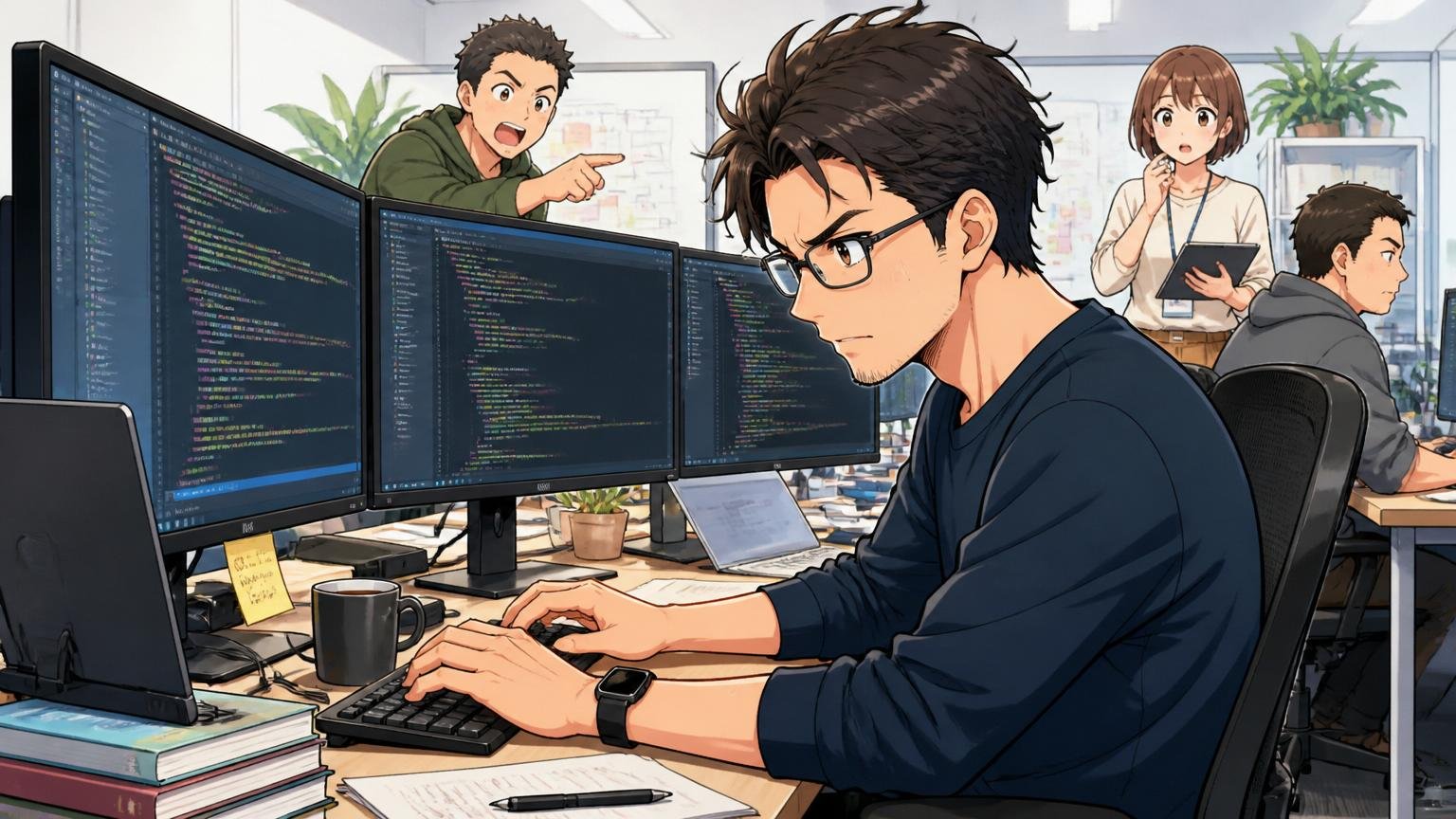 Web系スタートアップのオフィスで複数モニターと向き合う30代男性エンジニア