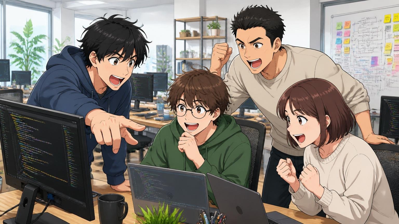 Web系スタートアップのオフィスでモダンな技術スタックを使う若手エンジニア達がモニターを囲み議論する