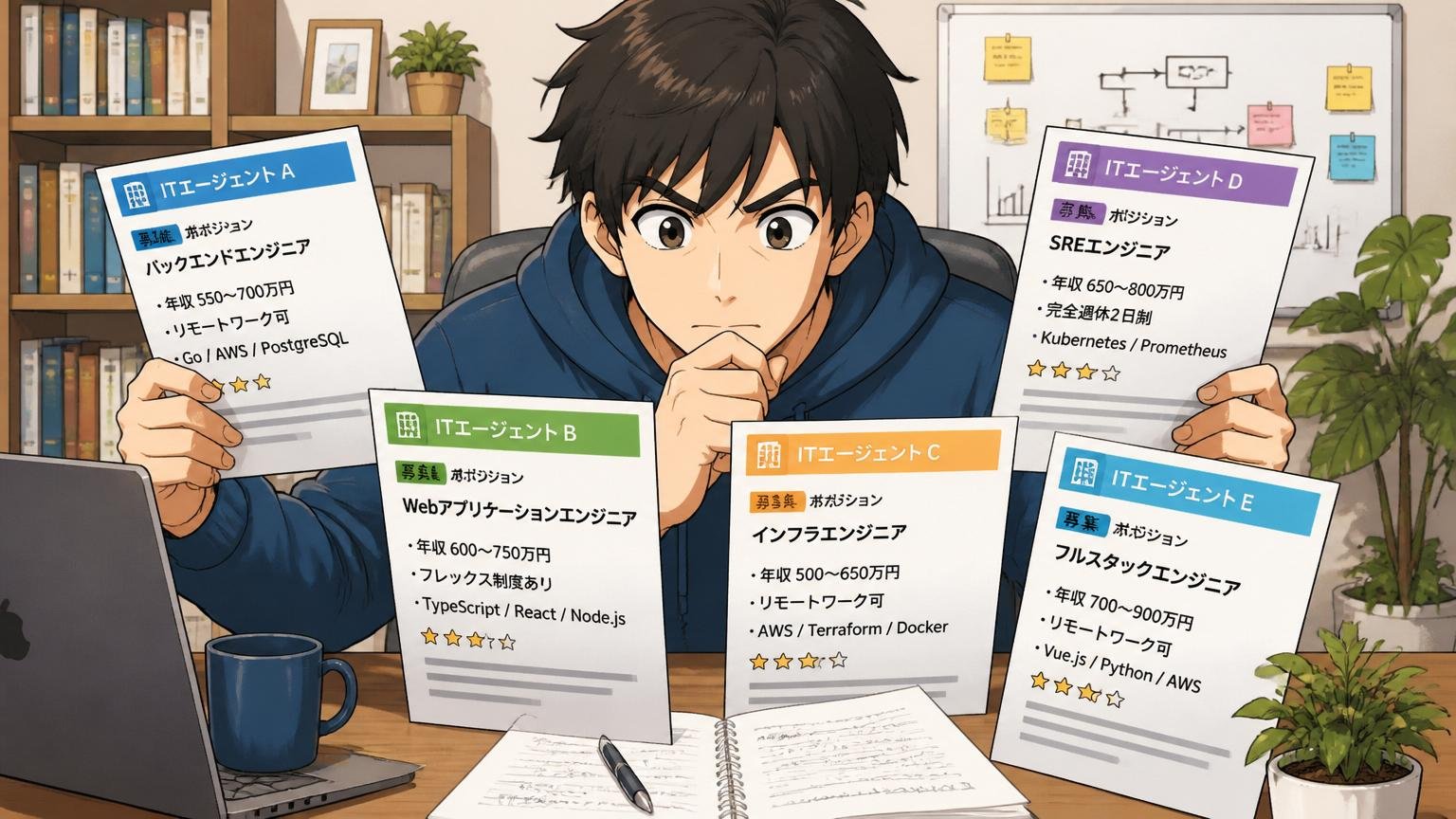 複数のIT特化型エージェントで求人を比較する・自宅のデスクで複数のエージェントから届いた求人票を並べて比較する20代後半男性エンジニア1名