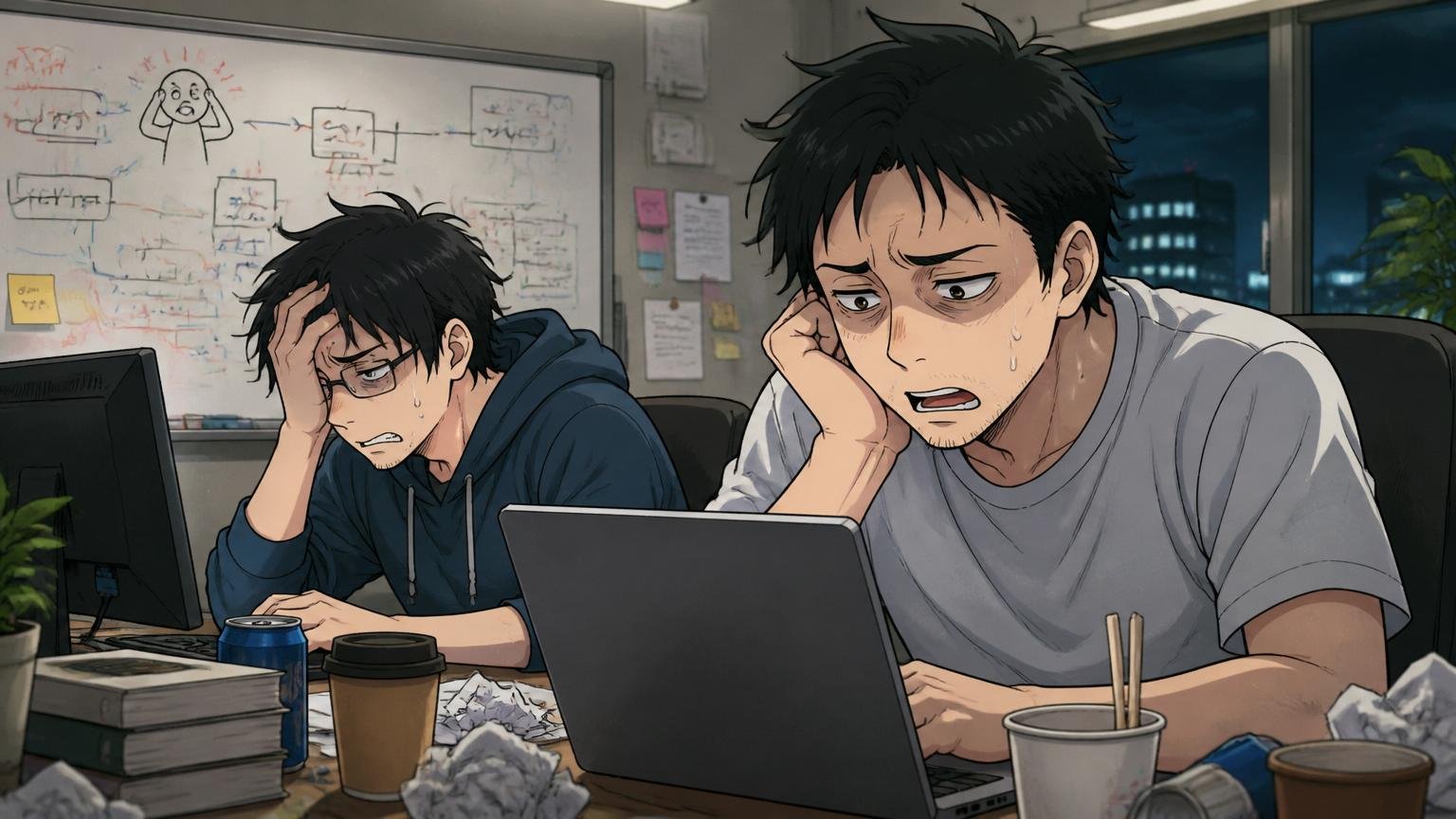自社開発に行けば全部解決すると思い込む失敗。Web系スタートアップのオフィスで男性社員2人が深夜まで疲れた表情でパソコンに向かっている