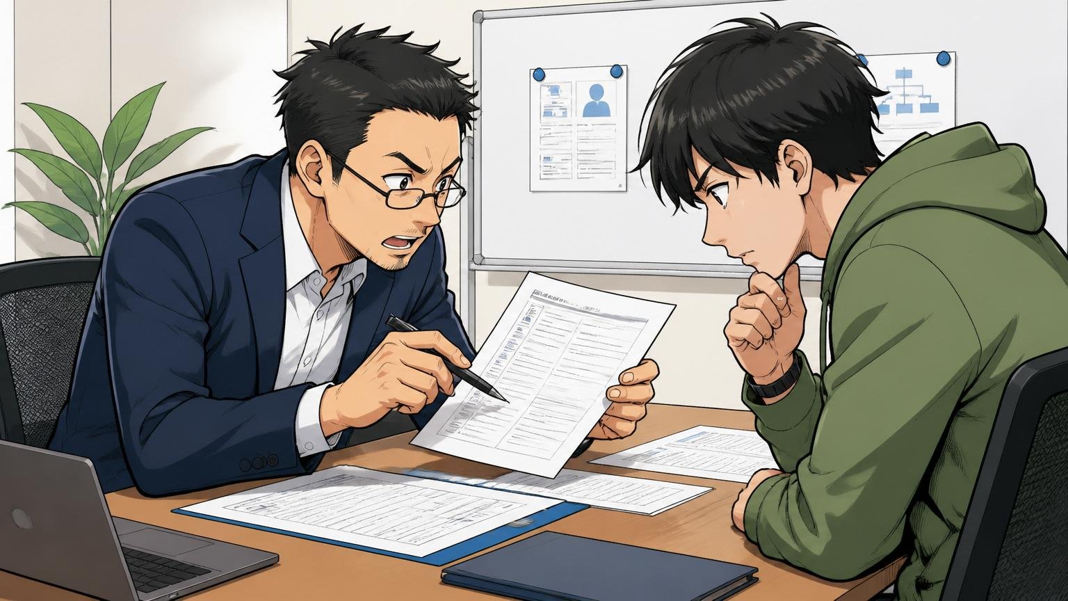 複数のIT特化型エージェントに登録。企業の会議室で面接担当のエージェントとエンジニアが向き合い真剣に求人票を見比べる場面